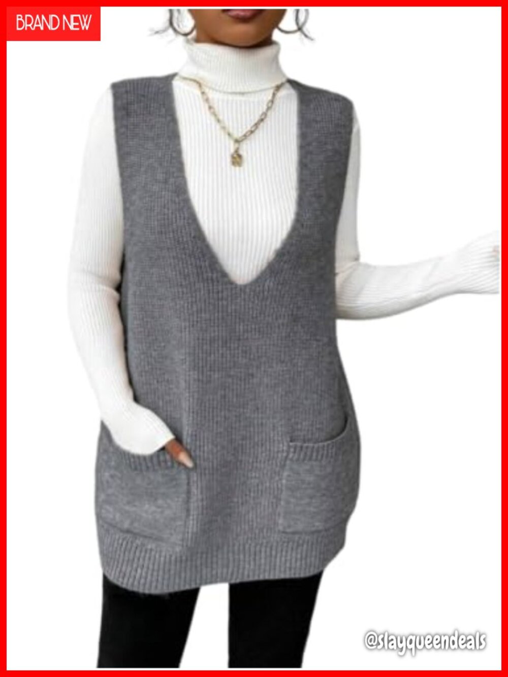 Sleeveless V Neck Knit Sweater Vest Dress Pocket Tunic Top